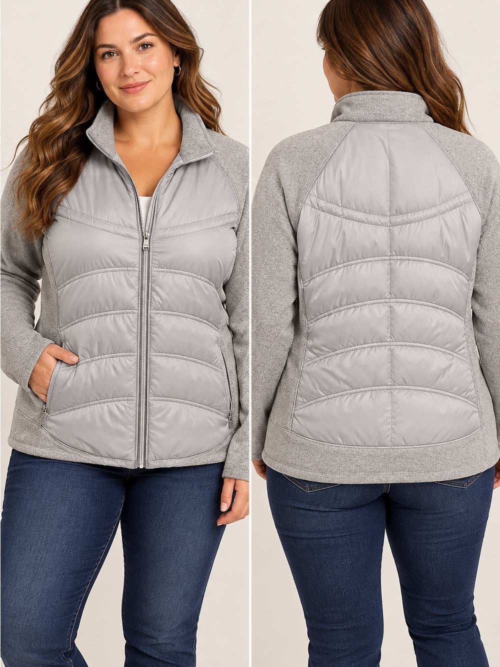 London Fog Women’s Hybrid Quilted Down Puffer Fleece Jacket XXL